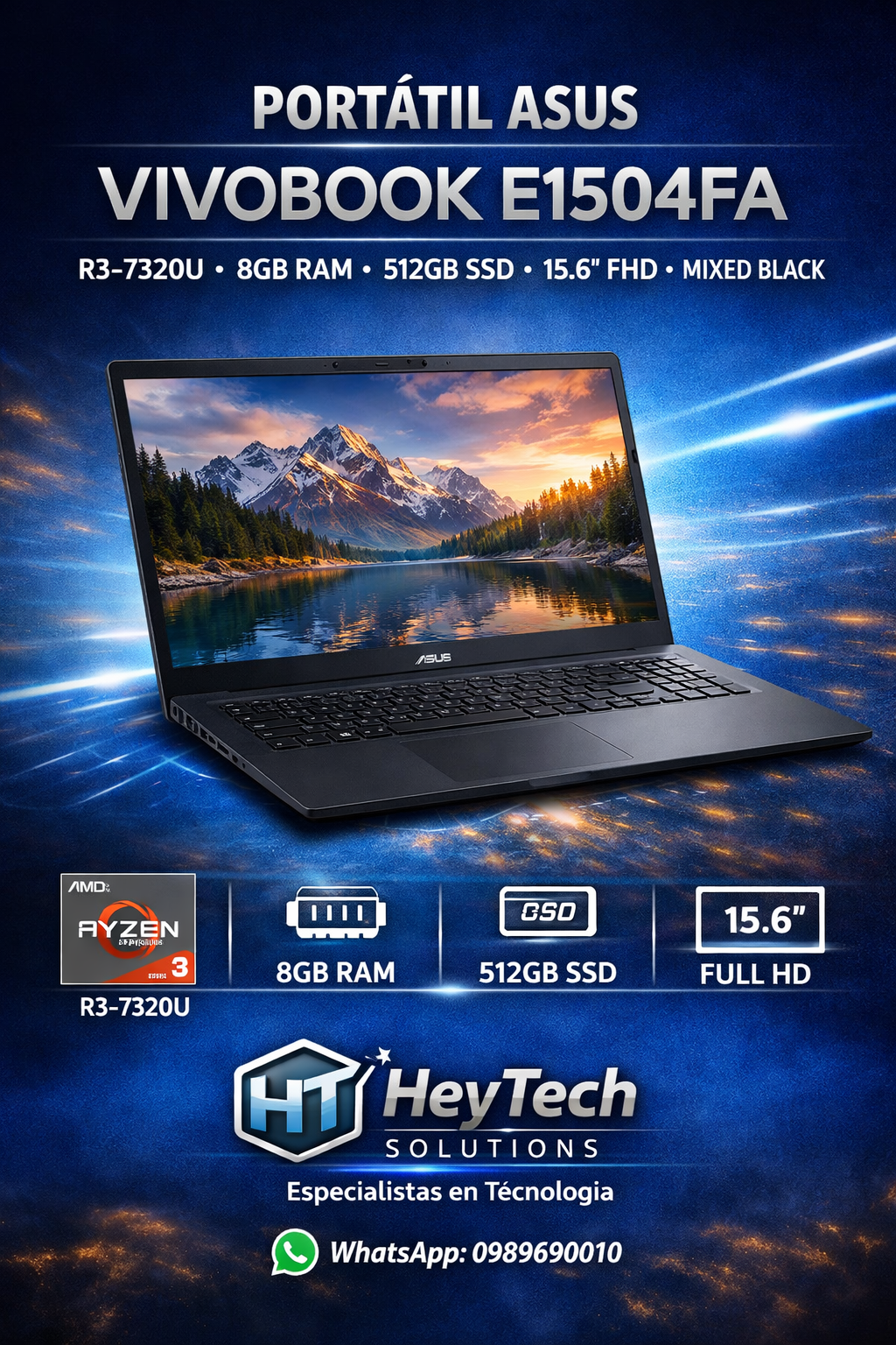 Portátil ASUS VivoBook E1504FA R3‑7320U 8GB RAM 512GB | Laptop para Trabajo y Estudio