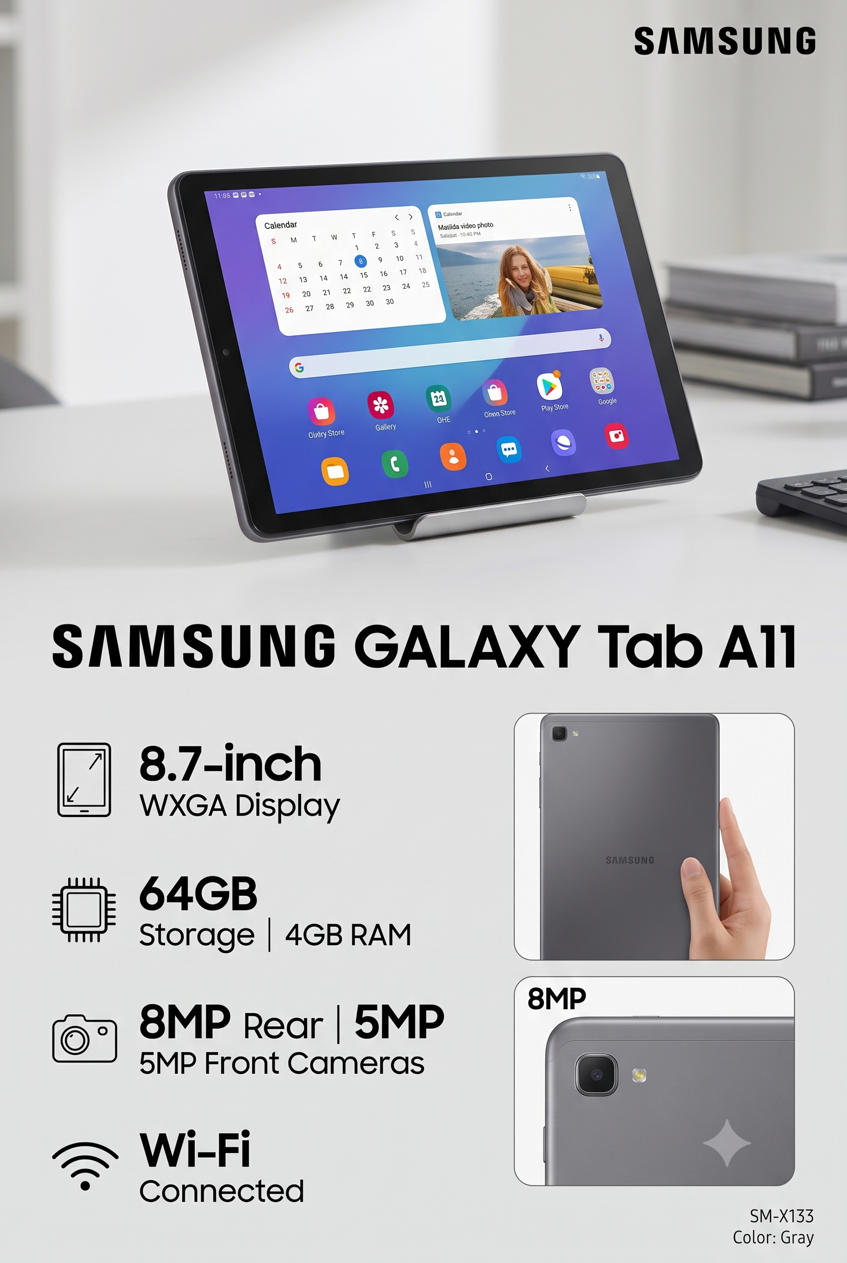 Tablet Samsung Galaxy Tab A11 SM‑X133 64GB 4GB RAM 8.7” Wi‑Fi Color Gris | Cámara 8MP + 5MP